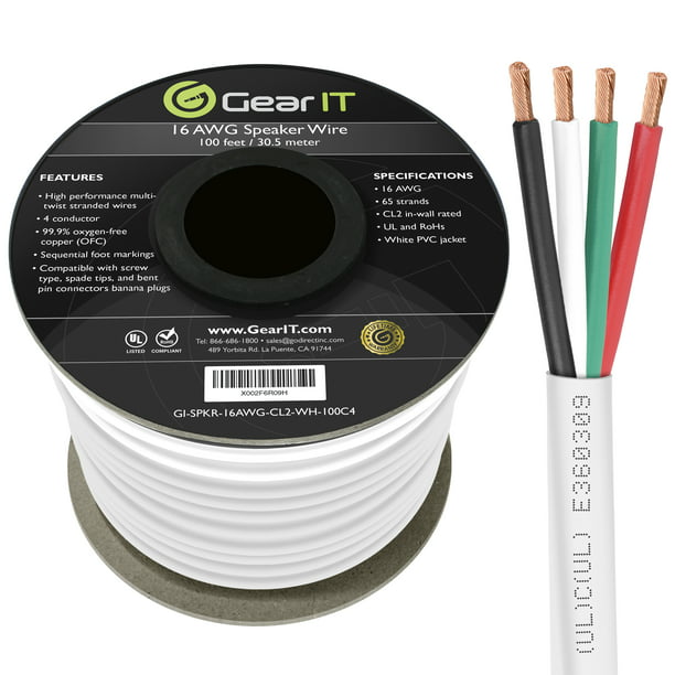 GearIT Pro Series Black Oxygen Free Copper UL 14 AWG Gauge CL3 Rated OFC Speaker Wire 100 Feet 